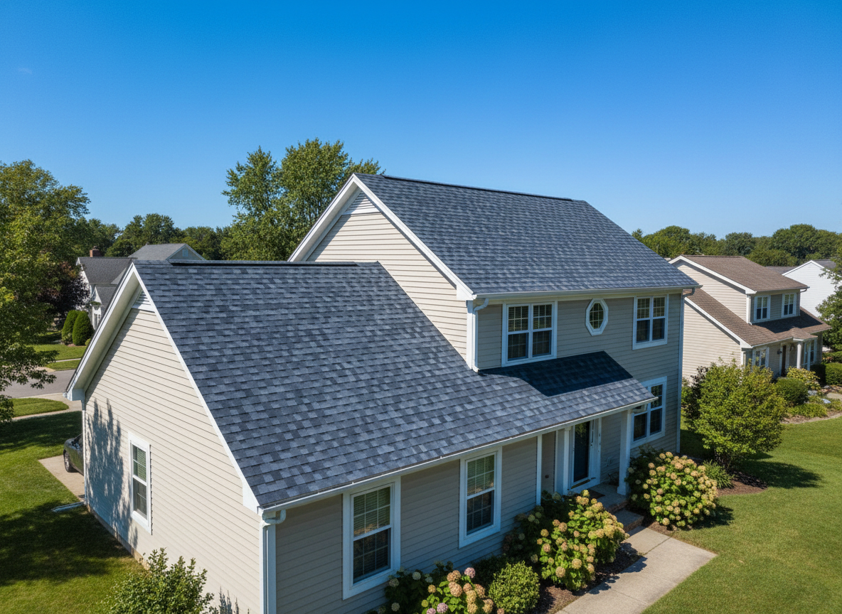 Newly completed asphalt shingle roof on a Pocatello home