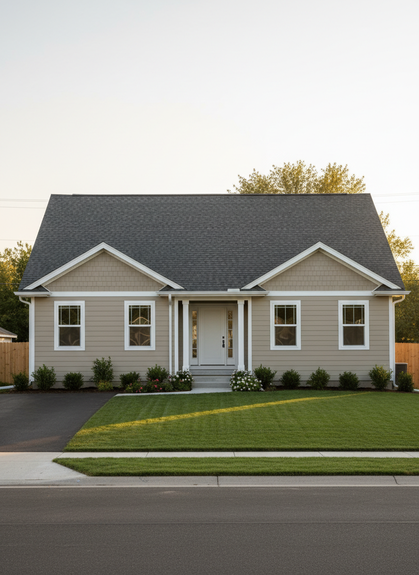 A full-front view of a well-maintained Pocatello home showcasing a complete exterior upgrade: new roofing, siding, gutters, and windows all working together in a cohesive design. The roof displays dark, dimensional shingles; the siding is a neutral tan lap style with white corner posts; gutters and downspouts are neatly aligned; and modern double-hung windows have clean white frames. Photographic realism, captured from across the street at eye level using the rule of thirds, with the house centered and a tidy driveway and manicured lawn leading the eye toward the facade. Late afternoon golden-hour light bathes the scene, casting soft, elongated shadows and a warm, inviting glow that highlights the professionalism and finished quality of the project without including any people.