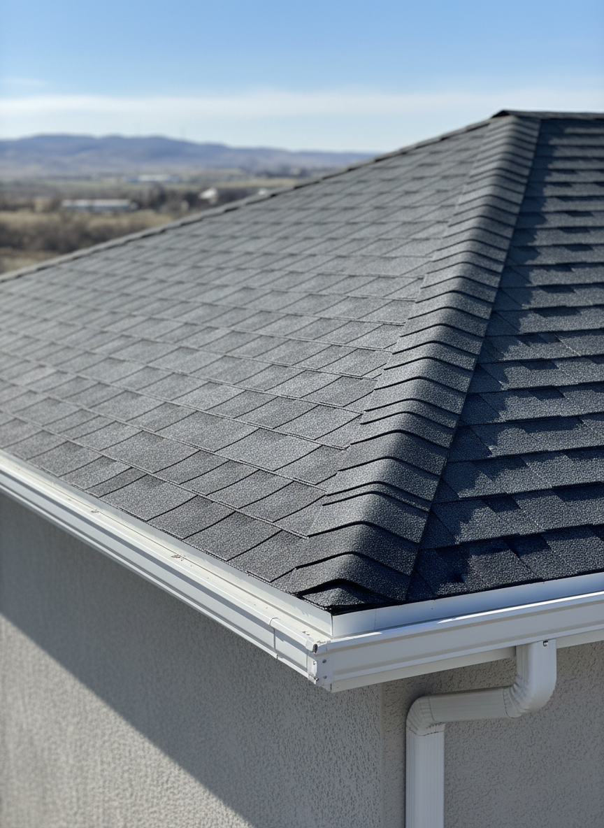A dramatic low-angle photographic view along the edge of a steep residential roof in Pocatello, focusing on the precise installation of architectural shingles, metal drip edge, and a sturdy gutter system. The shingles are a deep slate color with subtle granule variation, meeting a perfectly straight, white metal drip edge that channels into a seamless aluminum gutter. Beyond the roofline, distant hills and a cool blue sky are softly out of focus. Captured in clear mid-morning sunlight, the lighting creates sharp, clean highlights on metal components and textured detail on the shingles, evoking a professional, technical mood. The composition emphasizes strong diagonal lines leading from the bottom corner to the upper frame, highlighting craftsmanship and weather protection.