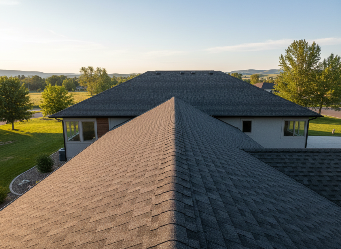 A freshly completed residential roof on a modern single-family home, featuring clean rows of dark charcoal architectural shingles with crisp, straight lines and flawless ridge caps. The house sits in a quiet Pocatello neighborhood with low rolling hills faintly visible in the distance. Captured in soft late-afternoon sunlight that creates gentle highlights on the textured shingles and subtle shadows between rows, emphasizing precision workmanship. Photographic realism, shot from a slightly elevated angle as if from a ladder, with sharp focus across the entire roof and a softly blurred foreground of green lawn. The mood is confident and professional, communicating reliability, durability, and quality exterior improvements without any visible people or branding.