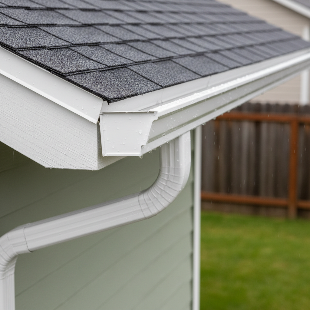 A close-up, photographic detail of a newly installed, seamless aluminum gutter system on a Pocatello home, highlighting the clean, continuous line of the gutter and the smooth curve of the downspout elbow. The gutter is a matte white, perfectly aligned beneath the edge of dark asphalt shingles with visible granule texture. Beneath, a freshly painted fascia board in a complementary color appears flawless and straight. Captured in bright but diffused daylight after a light rain, with tiny water droplets beading along the gutter edge, catching soft highlights. The background is gently blurred, hinting at a green yard and distant fences. The composition uses a strong leading line from the foreground corner back toward the roof, creating a precise, trustworthy, workmanship-focused mood.