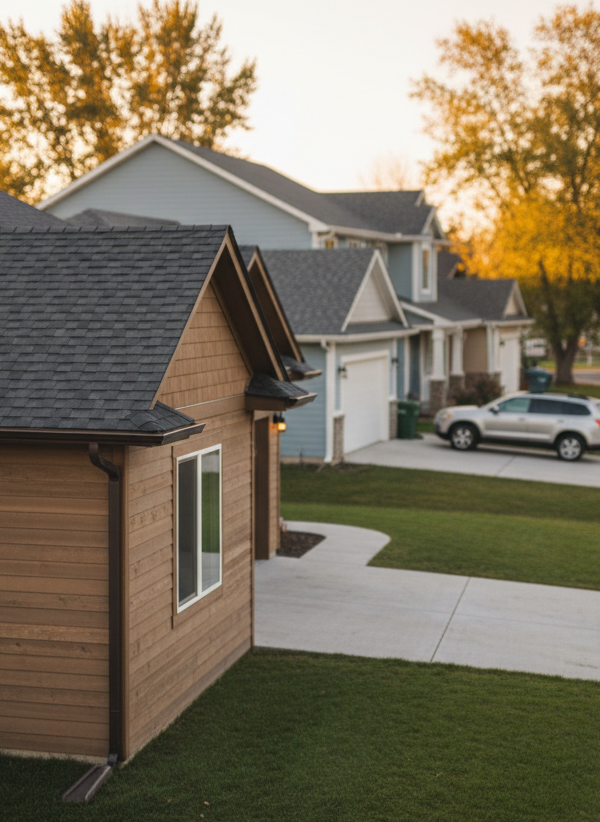 A wide, cinematic, photographic view of a small Pocatello cul-de-sac where several homes showcase recent exterior improvements by the same contractor. In the foreground, a corner house features a brand-new dark shingle roof, modern horizontal siding, and uniform gutters, all pristine and color-coordinated. Neighboring homes in the mid-ground show similarly refreshed roofs and siding, though slightly out of focus to keep the primary house as the focal point. Soft, golden evening light bathes the scene, enhancing warm siding tones and casting gentle shadows across clean driveways and tidy lawns. Framed from a slightly elevated street-level angle with sharp focus on the main house, the atmosphere feels secure, orderly, and professionally maintained, underscoring the contractor’s consistency and neighborhood-scale reliability.