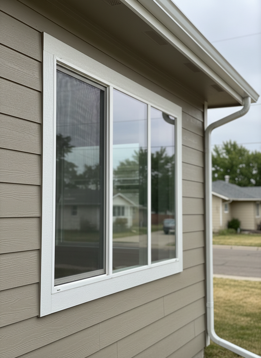 A detailed close-up of new fiber cement siding and energy-efficient vinyl windows on a renovated Pocatello home exterior. The siding panels are a warm light gray with a realistic woodgrain texture, aligned with perfect, tight seams. The trim is a clean white with crisp corners framing a triple-pane window, its glass reflecting a bright but slightly overcast sky. A newly installed seamless aluminum gutter and downspout in matching white runs neatly along the roof edge. Photographic realism, eye-level composition, with diffused natural daylight creating soft, even lighting and minimal shadows. The background shows a slightly out-of-focus glimpse of a quiet residential street, reinforcing a calm, orderly, professional mood and showcasing quality craftsmanship and attention to detail.