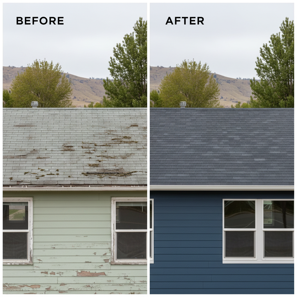 A side-by-side before-and-after style photographic composition of the same Pocatello home exterior, divided vertically down the center. On the left, the siding appears faded and cracked, gutters slightly misaligned, and the old roof shows patchy wear, all in muted, desaturated tones. On the right, the home is fully renewed with rich-colored, freshly installed siding, straight seamless gutters, new energy-efficient windows, and a dark, uniform roof, presented in vibrant, true-to-life colors. Both halves share the same background of a quiet neighborhood and distant foothills under an overcast sky. The lighting is soft and even across the whole frame, emphasizing the transformation. The overall mood is reassuring and professional, clearly conveying the value of quality exterior improvements without showing any humans.