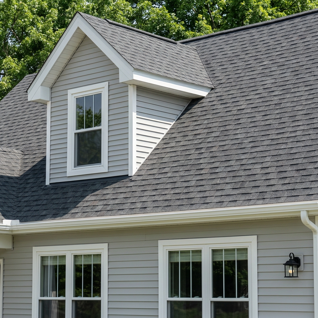 Gray house with layered shingle roof, dormer window, siding, and white trim