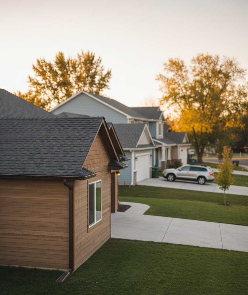 A wide, cinematic, photographic view of a small Pocatello cul-de-sac where several homes showcase recent exterior improvements by the same contractor. In the foreground, a corner house features a brand-new dark shingle roof, modern horizontal siding, and uniform gutters, all pristine and color-coordinated. Neighboring homes in the mid-ground show similarly refreshed roofs and siding, though slightly out of focus to keep the primary house as the focal point. Soft, golden evening light bathes the scene, enhancing warm siding tones and casting gentle shadows across clean driveways and tidy lawns. Framed from a slightly elevated street-level angle with sharp focus on the main house, the atmosphere feels secure, orderly, and professionally maintained, underscoring the contractor’s consistency and neighborhood-scale reliability.